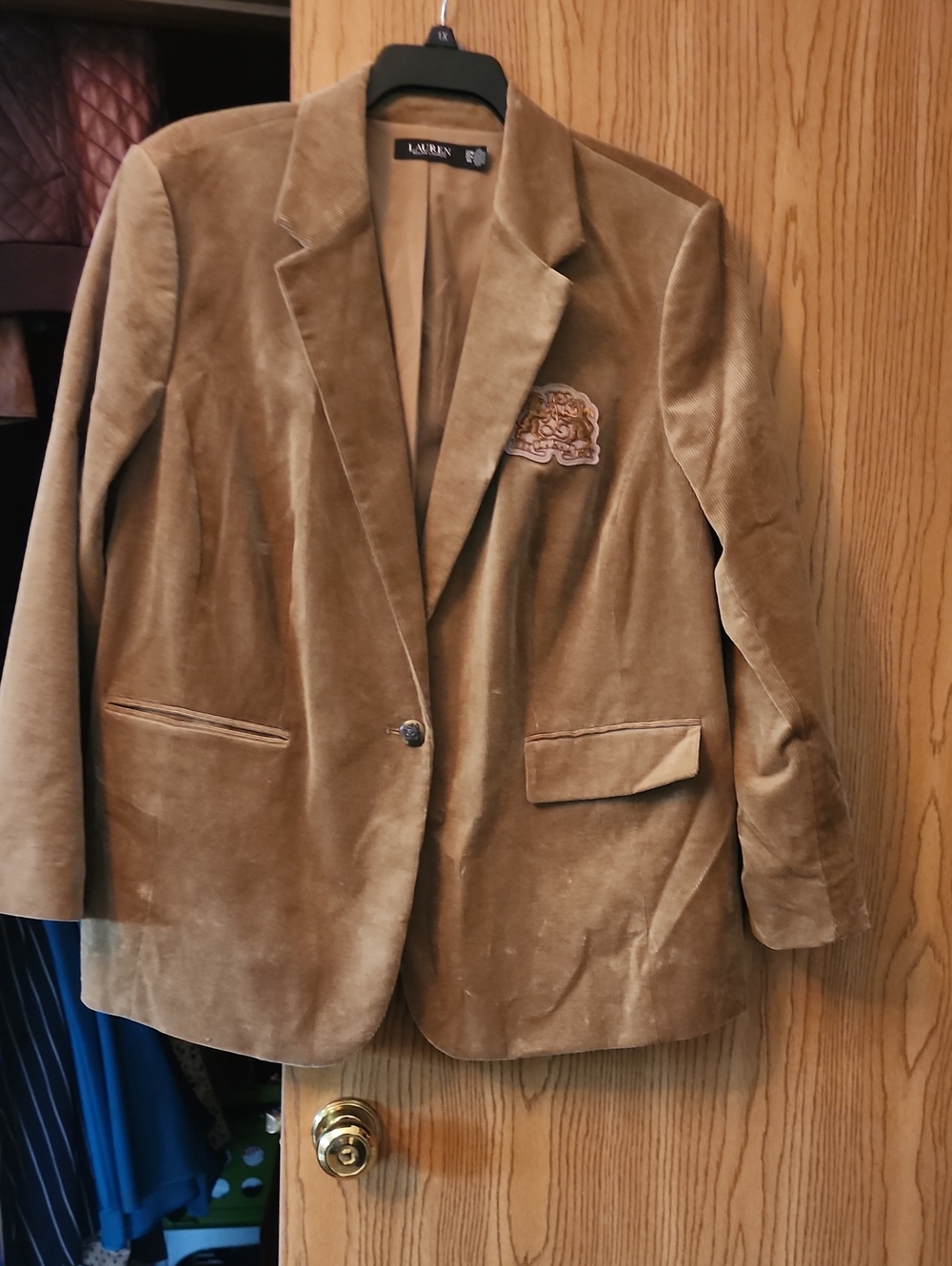 Ralph Lauren tan corduroy single-button blazer with crest patch